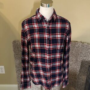 On The Road Women's Navy and Red flannel Plaid Button Down Shirt